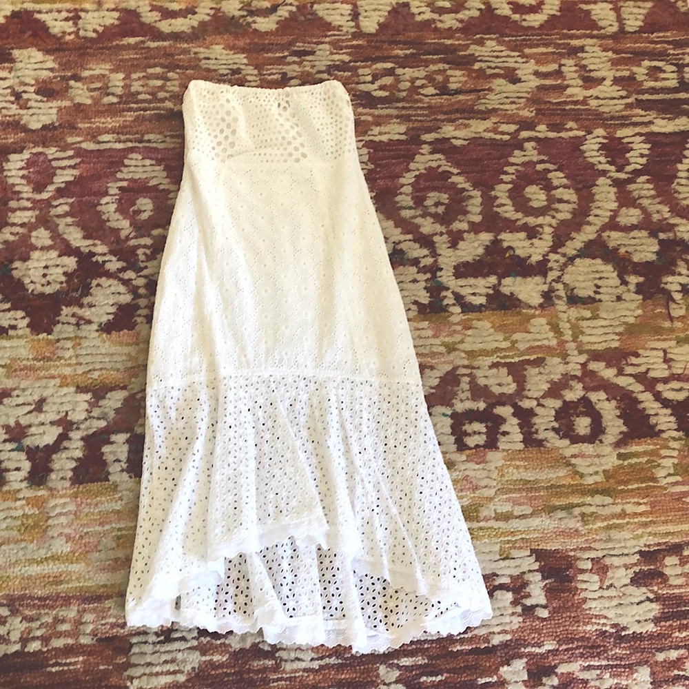 FARM Rio Strapless White Eyelet Midi Dress